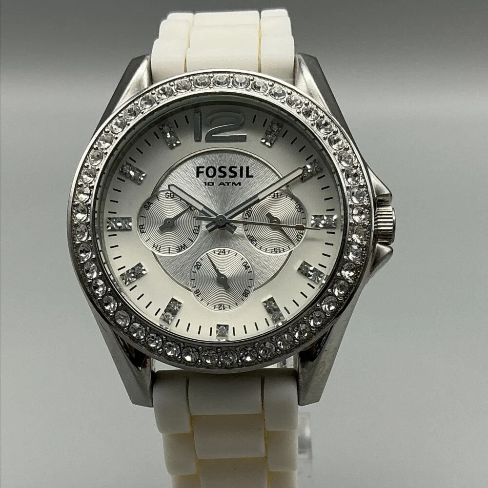 Fossil Womens Watch 38mm White Dial Silicone Crystal Bezel Multi Dial ES3244